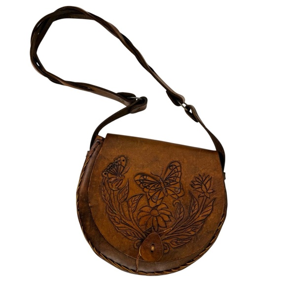 Vintage Floral Butterfly Tooled Thick Leather Braided Shoulder Bag Brown Hippie - Picture 13 of 16